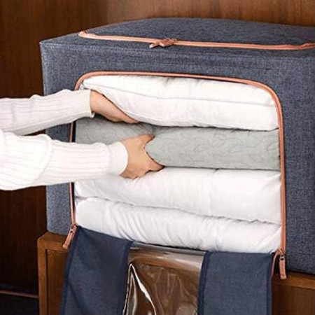 Cutie de Depozitare Pliabilă, 66L, Material Textil, Cadru Metalic, Fermoar Dublu, Fereastră Frontală și Laterală, 50x40x33 cm, Albastru Marin
