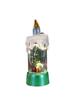 Decoratiune de Craciun tip Lumanare, Flippy, Lumanare de Cristal fara Fulgi de Zapada, Model Brad, Iluminare LED, 13 x 5 x 5 cm, Baza Verde, Transparent