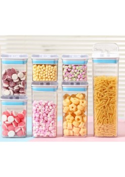 Cutii de Depozitare Alimente, Flippy, Set din 7 Cutii de tip Container, 2x0.5 l, 2x0.8 l, 2x1.2 l, 1x1.9 l, Recipiente pentru Cereale in Bucatarie,  Transparente cu Capac Albastru-Alb
