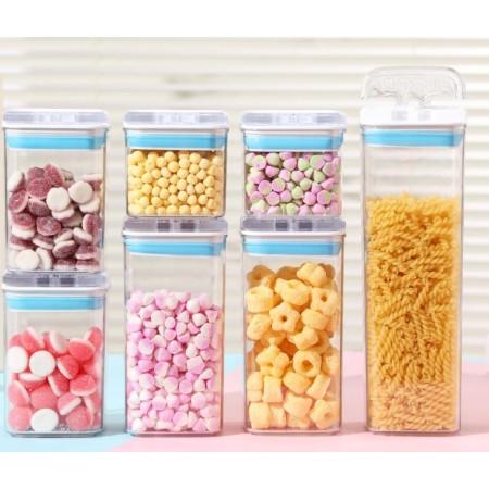 Cutii de Depozitare Alimente, Flippy, Set din 7 Cutii de tip Container, 2x0.5 l, 2x0.8 l, 2x1.2 l, 1x1.9 l, Recipiente pentru Cereale in Bucatarie,  Transparente cu Capac Albastru-Alb