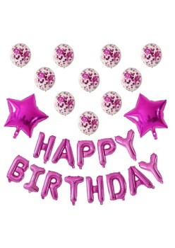 Set 12 Baloane si 1, Set pentru Aniversare, mesaj Happy Birthday, din folie de aluminiu, 30 -45 cm, Cu paiete, latex si folie, Roz
