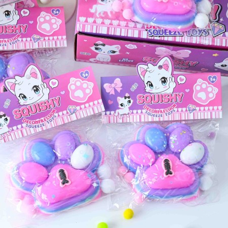 Jucarie Antistres Squishy, Flippy, cu Revenire Lenta, Model Labuta de Pisica, cu Pestisor, 220g, 12.5 x 10.5 cm Squeeze Pinch Family, Ambalaj Transparent, Roz-Multicolor