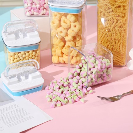 Cutii de Depozitare Alimente, Flippy, Set din 5 Cutii de tip Container, 1x0.5 l, 2x0.8 l, 1x1.2 l, 1x1.9 l, Recipiente pentru Cereale in Bucatarie,  Transparente cu Capac Albastru-Alb