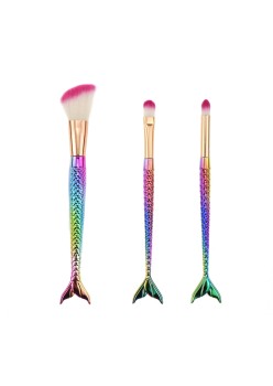 Set 3 Pensule pentru Machiaj Flippy, in Forma de Sirena, Electroplacate, Detalii Fine, Maner Ergonomic, Peri din Fibra Moale, Multicolor