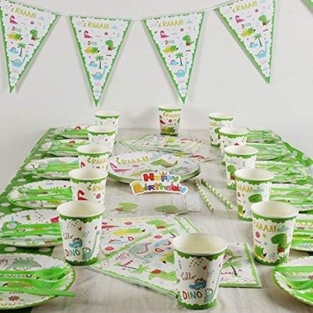 Set 9 Accesorii de Masa, Flippy, Colectia Dino Park, 82 Piese, din Carton/Plastic/Hartie, Multicolor