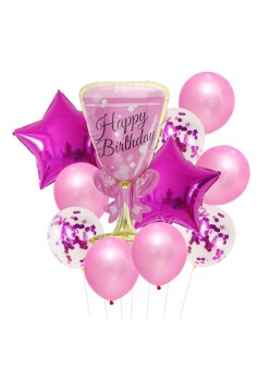 Set baloane Happy Birthday, Flippy, set din 11 bucati, Balon Pahar 93 cm, 2 baloane stea 45 cm, 5 baloane latex 30 cm, 3 baloane cu paiete 30 cm, Mov