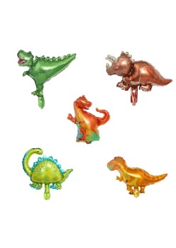Set 5 Baloane Folie Metalizata, Flippy, Figurine Dinozauri, 30 cm, Ambalaj Individual, Pai inclus, Umflare cu Aer sau Heliu, Multicolor