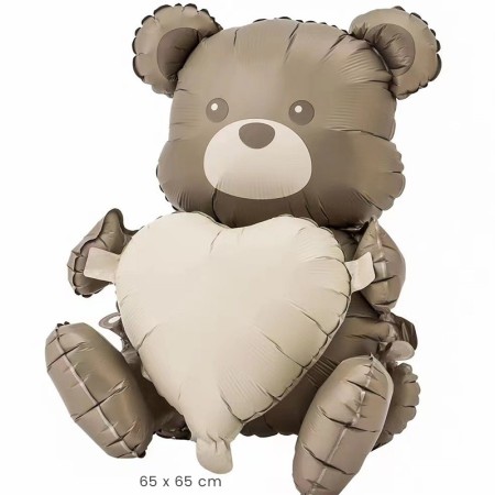 Balon din Folie Metalizata, Flippy, Figurina Animata, Model Ursulet cu Inima, 65 x 65 cm, Ambalaj Individual, Pai Inclus, Umflare cu Aer sau Heliu, Maro