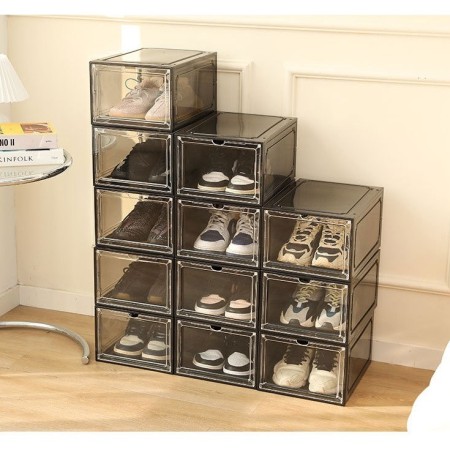 Organizator de Pantofi, Flippy, din PP+ABS, Usa Frontala Magnetica, Rezistenta la Praf, Anti-Oxidare, Utilizare Multipla, 36 x 28 x 21 cm, Gri Transparent