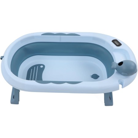 Cada Baie Pliabila pentru Copii 0-6 Ani – Albastra, Cu Termometru, Perna Suport, Model Balena, 81.5 x 49 x 21.5 cm