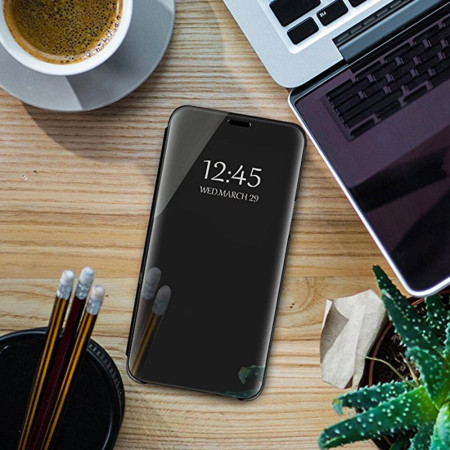 Husa Kickstand Mirror Effect, Functie de stand, Huawei P30 Pro, Black, Clear LCD Screan Cover