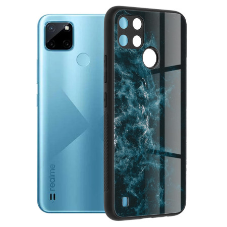Husa Glaze Glass Care compatibila cu Realme C21Y, Slim Glow, HTPMAG, Blue Nebula