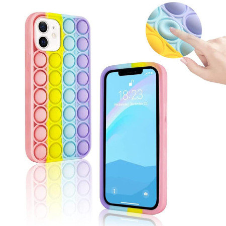 Husa compatibila cu Apple iPhone 11, Interactiv POP IT, Push Bubble Antisoc, Jucarie Antistres, Flexible, Rainbow, Multicolor