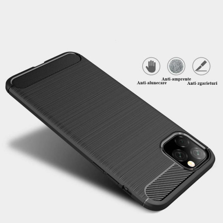 Husa HTPMAG de telefon de tip Carbon, Premium Protect, Armor, Apple iPhone 11 Pro / XI Pro, Finisaj metalic, Negru
