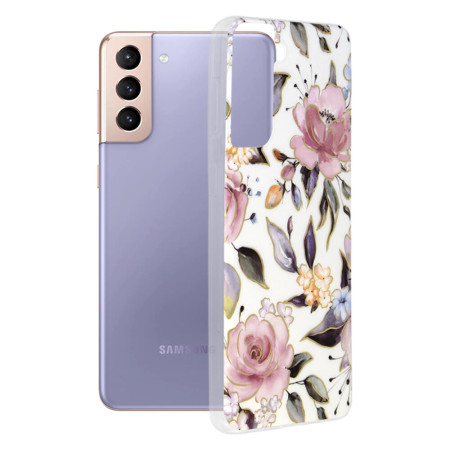 Husa Marble Flower pentru Samsung Galaxy S21 Plus, Slim IOA, White