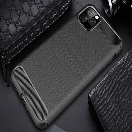 Husa HTPMAG de telefon de tip Carbon, Premium Protect, Armor, Apple iPhone 11 Pro / XI Pro, Finisaj metalic, Negru