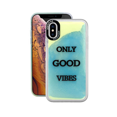 Husa Neon Htphone compatibila cu Apple iPhone X/XS, Glow In The Dark, Blue Only Good Vibes