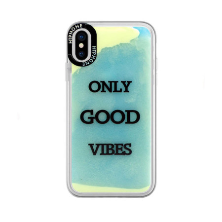 Husa Neon Htphone compatibila cu Apple iPhone X/XS, Glow In The Dark, Blue Only Good Vibes