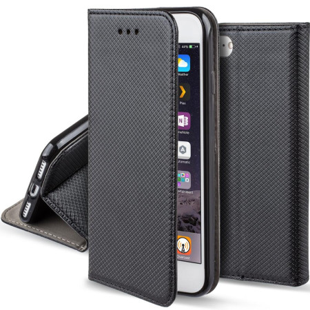 Husa pentru telefon, Moozy, Flip On, pentru iPhone 8 / 7 / SE 2020, Negru, Piele ecologica