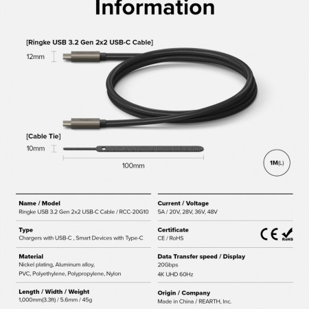 Cablu de Date Tip-C la Tip-C, 240W, 1m, Ringke, Black