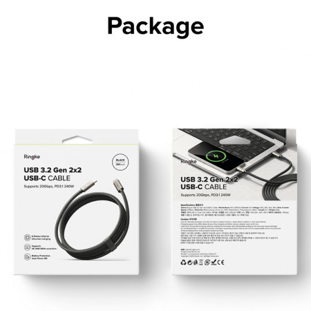 Cablu de Date Tip-C la Tip-C, 240W, 2m, Ringke, Black