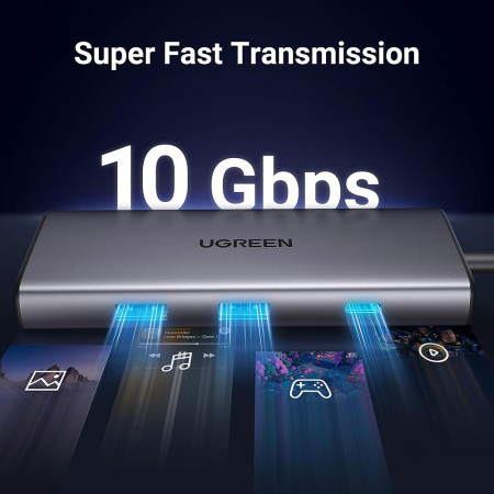 Hub USB-C la 2x Type-C, 2x USB, HDMI, TF, SD Card, 10Gbps, 4K, 100W, Ugreen, Black