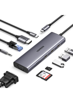 Hub USB-C la Type-C, 3x USB, HDMI, RJ45, Jack 3.5mm, VGA, TF, SD Card, Ugreen, Gray
