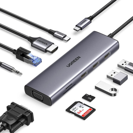 Hub USB-C la Type-C, 3x USB, HDMI, RJ45, Jack 3.5mm, VGA, TF, SD Card, Ugreen, Gray