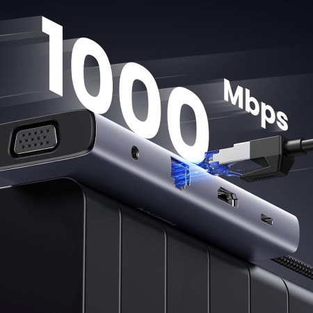 Hub USB-C la Type-C, 3x USB, HDMI, RJ45, Jack 3.5mm, VGA, TF, SD Card, Ugreen, Gray