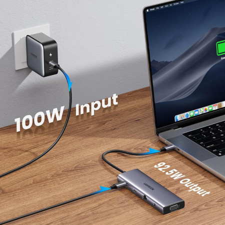 Hub USB-C la Type-C, 3x USB, HDMI, RJ45, Jack 3.5mm, VGA, TF, SD Card, Ugreen, Gray