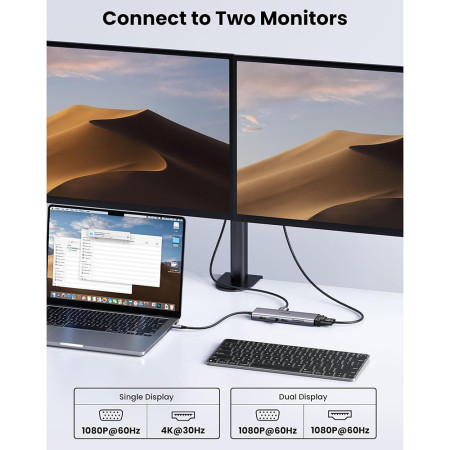Hub USB-C la Type-C, 3x USB, HDMI, RJ45, Jack 3.5mm, VGA, TF, SD Card, Ugreen, Gray