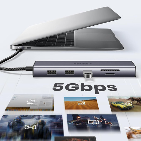Hub USB-C la Type-C, 3x USB, HDMI, RJ45, Jack 3.5mm, VGA, TF, SD Card, Ugreen, Gray