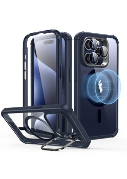Husa pentru iPhone 15 Pro Max + Folie - ESR Armor Tough Kickstand HaloLock - Clear Dark Blue