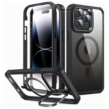 Husa telefon iPhone 14 Pro Max si Folie ESR Shock Armor Kickstand HaloLock, Clear Black