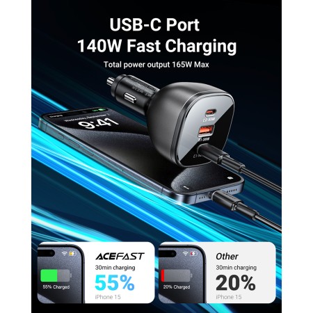 Incarcator pentru Masina 2x USB, 165W, Fast Charging, Temperature Control - Acefast - Black