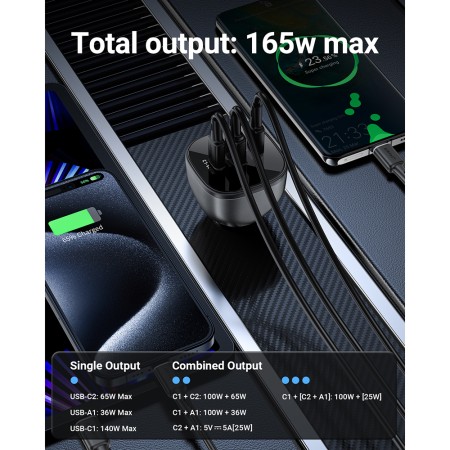 Incarcator pentru Masina 2x USB, 165W, Fast Charging, Temperature Control - Acefast - Black
