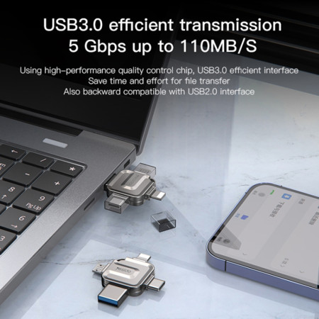 Card de memorie Yesido 4in1 OTG, USB, Type-C, Micro-USB, Lightning, 5Gbps, 256GB, Grey