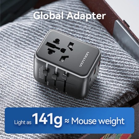 Adaptor pentru Priza EU la US, UK, AUS, Type-C, 2x USB, Fast Charging, 20W - Vention (FJEB0) - Black