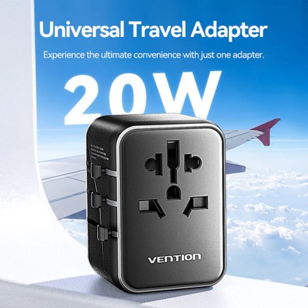 Adaptor pentru Priza EU la US, UK, AUS, Type-C, 2x USB, Fast Charging, 20W - Vention (FJEB0) - Black
