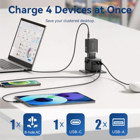 Adaptor pentru Priza EU la US, UK, AUS, Type-C, 2x USB, Fast Charging, 20W - Vention (FJEB0) - Black