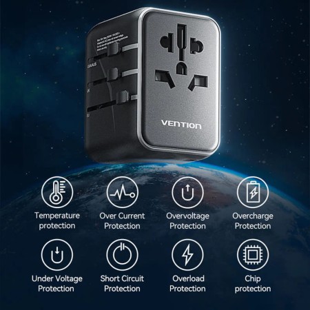 Adaptor pentru Priza EU la US, UK, AUS, Type-C, 2x USB, Fast Charging, 20W - Vention (FJEB0) - Black