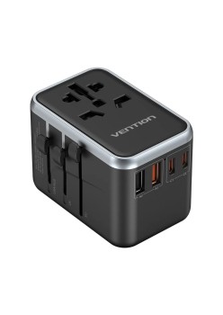 Adaptor Universal Priza EU, UK, AUS, US, 2x USB-C, 2x USB, GaN, 65W, Fast Charging - Vention (FJFB0) - Black