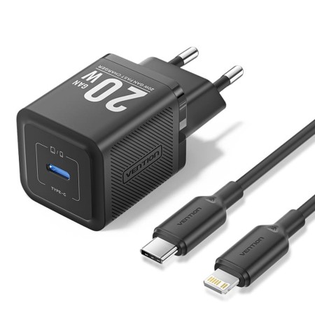 Incarcator pentru priza EU, Type-C, 20W, GaN, cablu USB-C la Lightning, 1m - Vention (TZ-FEPB0-EU-02) - Black