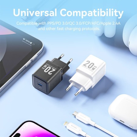 Incarcator pentru priza EU, Type-C, 20W, GaN, cablu USB-C la Lightning, 1m - Vention (TZ-FEPB0-EU-02) - Black