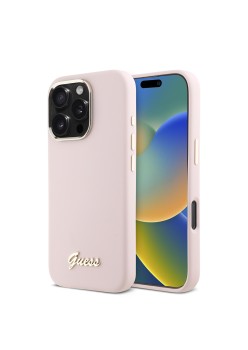 Husa pentru iPhone 16 Pro - Guess Silicone Script Metal Logo and Frame (GUHCP16LSMBSLP) - Pink