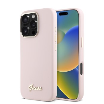 Husa pentru iPhone 16 Pro - Guess Silicone Script Metal Logo and Frame (GUHCP16LSMBSLP) - Pink