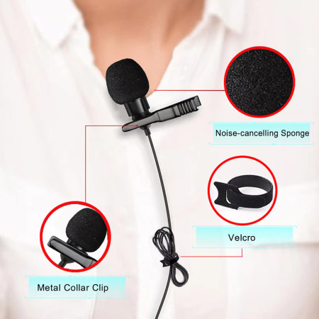Lavaliera cu fir Jack Male, Jack 3.5mm, Noise Reduction, Clip din Metal, Black