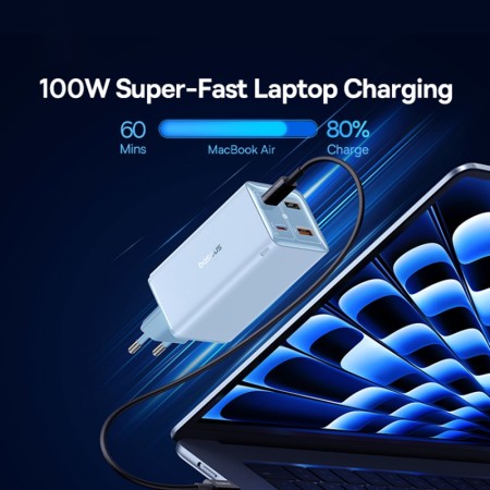 Incarcator 2x USB, 2x Type-C, 100W + Cablu Type-C, 100W, 20V, 5A, 1m - Baseus GaN6 Pro (P10162705312-00) - Blue