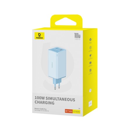 Incarcator 2x USB, 2x Type-C, 100W + Cablu Type-C, 100W, 20V, 5A, 1m - Baseus GaN6 Pro (P10162705312-00) - Blue
