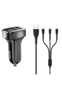 Incarcator Auto C13 + Cablu U35 Micro-USB, Lightning, Type-C 2A - Usams Kit King Tu Series - Black